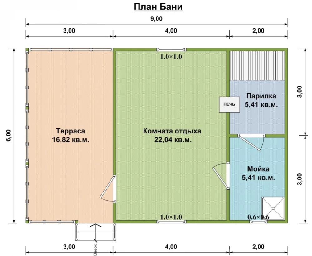 Планировка бани 6х9 с комнатой отдыха